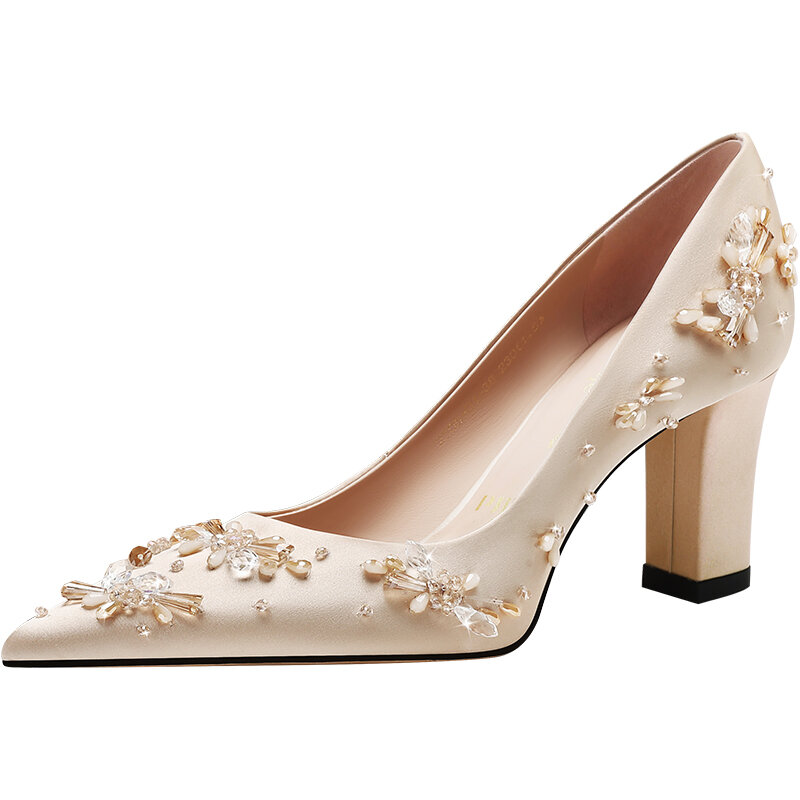 PJJUU | Champagne Color Bridal Shoes with Wide Heel ราคา 9,316 บาท*ส่งฟรี