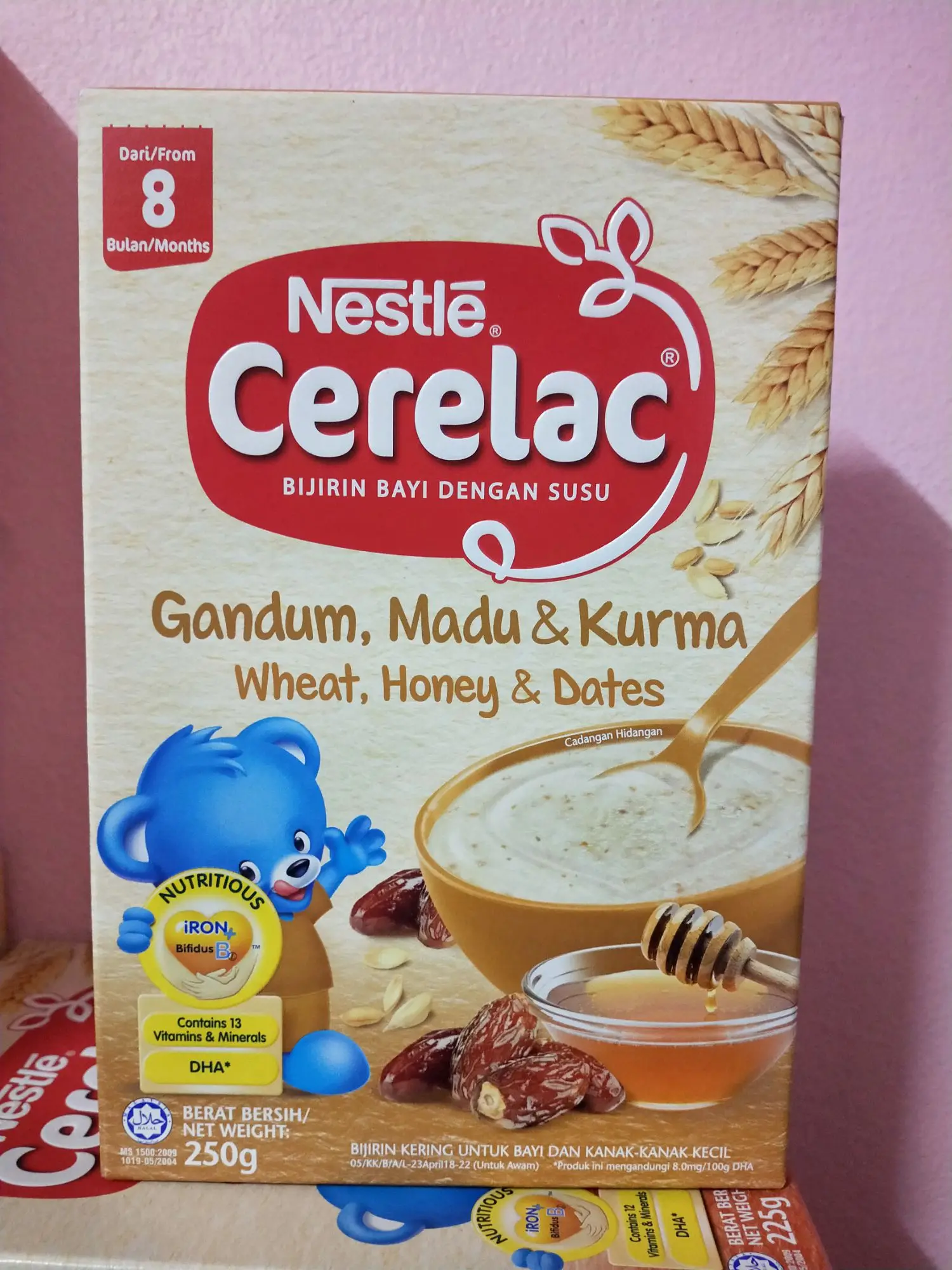 Nestlé cerelac อาหารเด็กสำหรับ 8 ดือน รสแป้งผสมน้ำผึ้งและอินทผาลัม ขนาด 250 กรัม