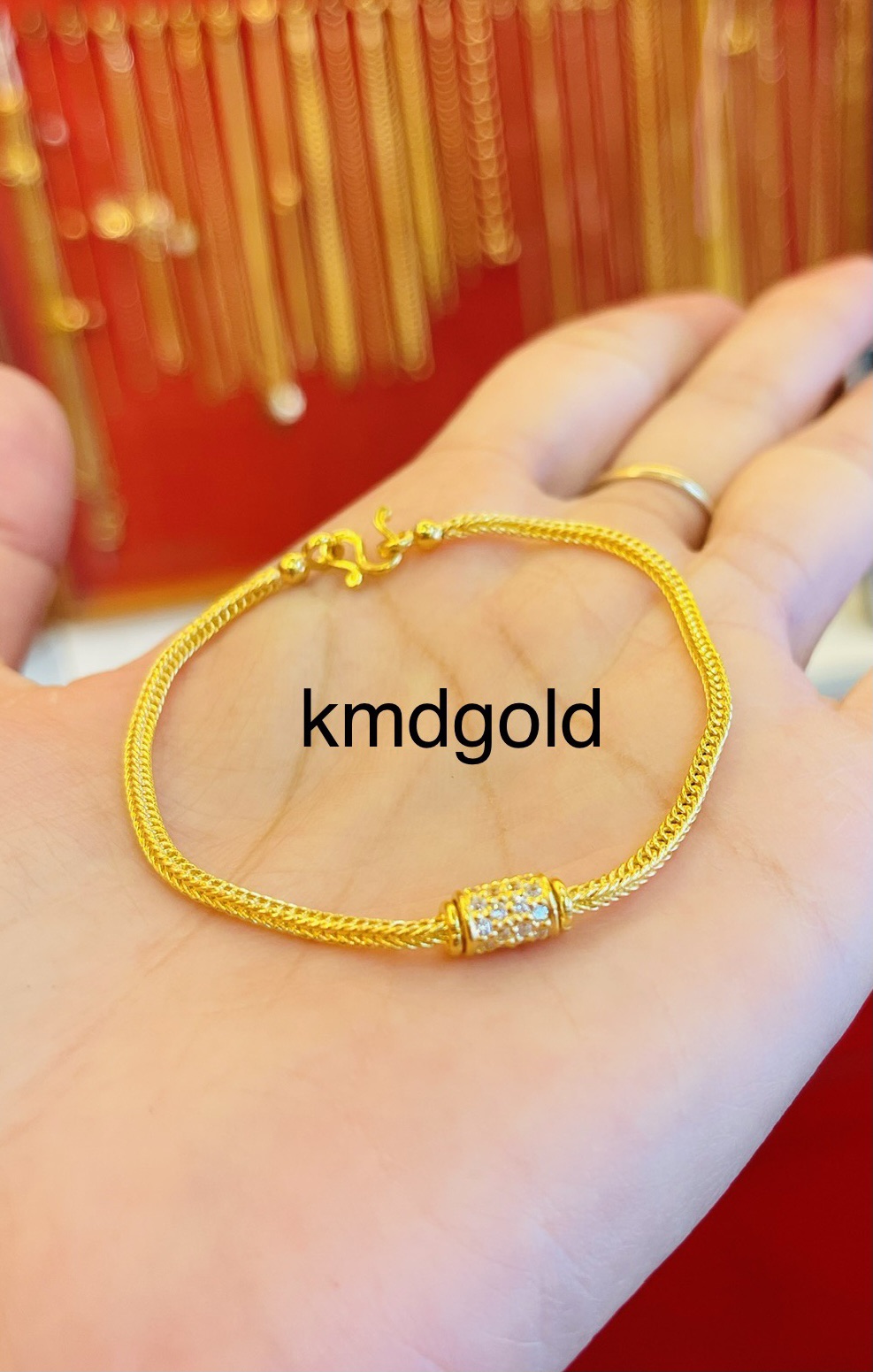 KMDGold สร้อยข้อมือทอง1สลึง ลายเบนซ์คั่นฝังพลอย สินค้าทองแท้พร้อมใบรับประกันสินค้า