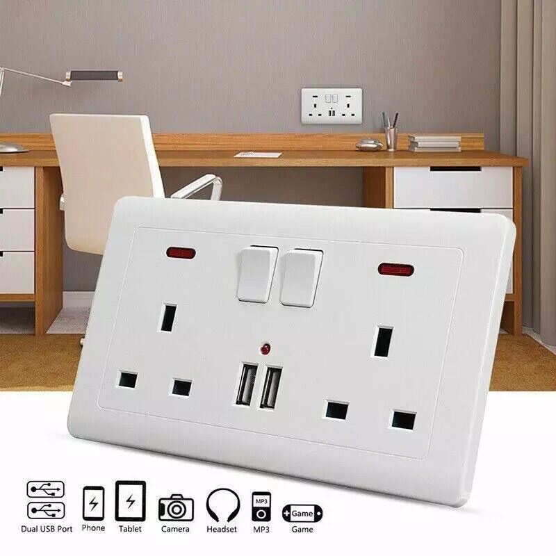 Double Wall Plug Socket With 2 USB Charger Port Outlets Plate AC Power ...