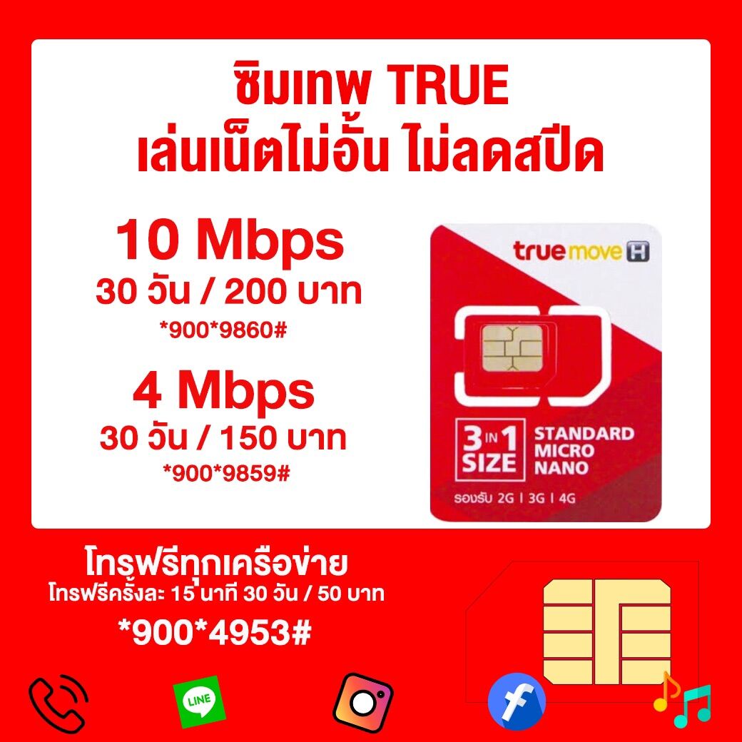 ซิมเทพ True เล่นเน็ตไม่อั้น ไม่ลดสปีด 4Mbps (เดือนละ 150฿) , 10Mbps (เดือนละ 200฿)