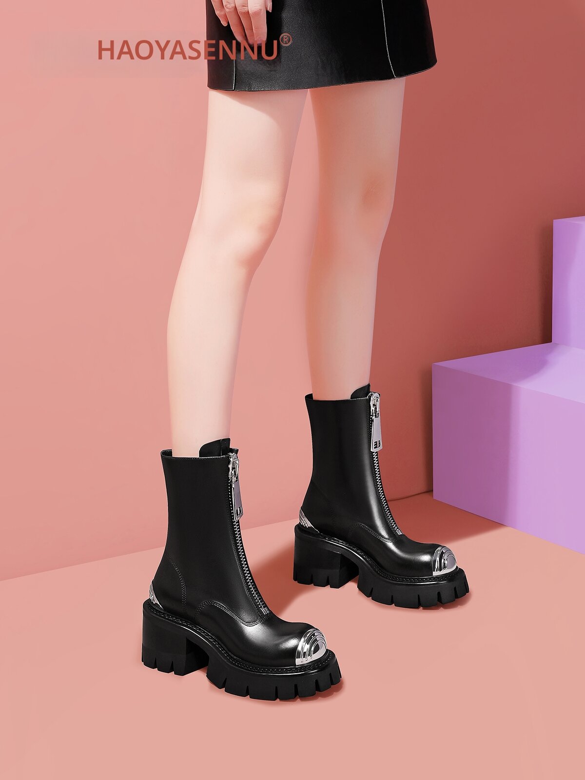 HAOYASENNU | Round Toe Zipper Thick Sole Leather Motorcycle Boots ราคา 9,164 บาท*ส่งฟรี