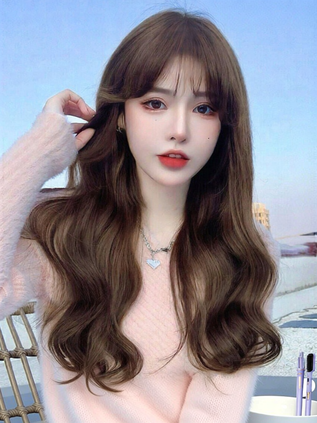 MENGSIQIAN | Long Wavy Real Hair Full Big Wave Air Bangs Wig ราคา 32,828 บาท*ส่งฟรี
