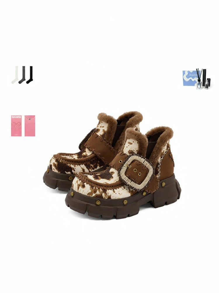 Retro Leather Fur Lined Thick Sole Snow Boots ราคา 11,082 บาท*ส่งฟรี