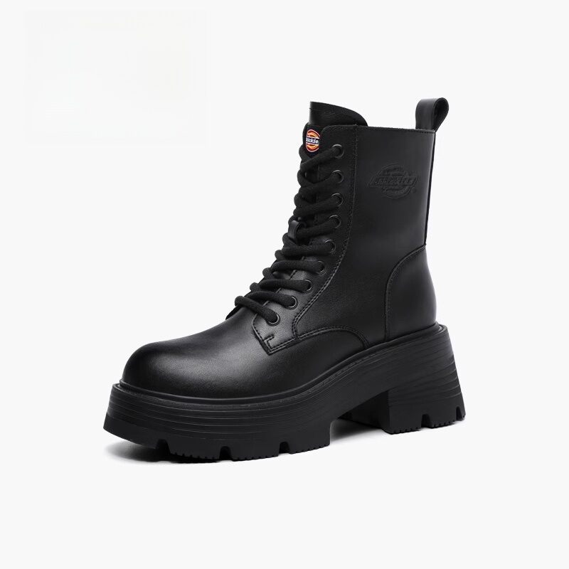 Dickies | Women's Black Leather Boots Thick Sole Height Increase Fleece Lined Short Boots ราคา 3,554 บาท*ส่งฟรี