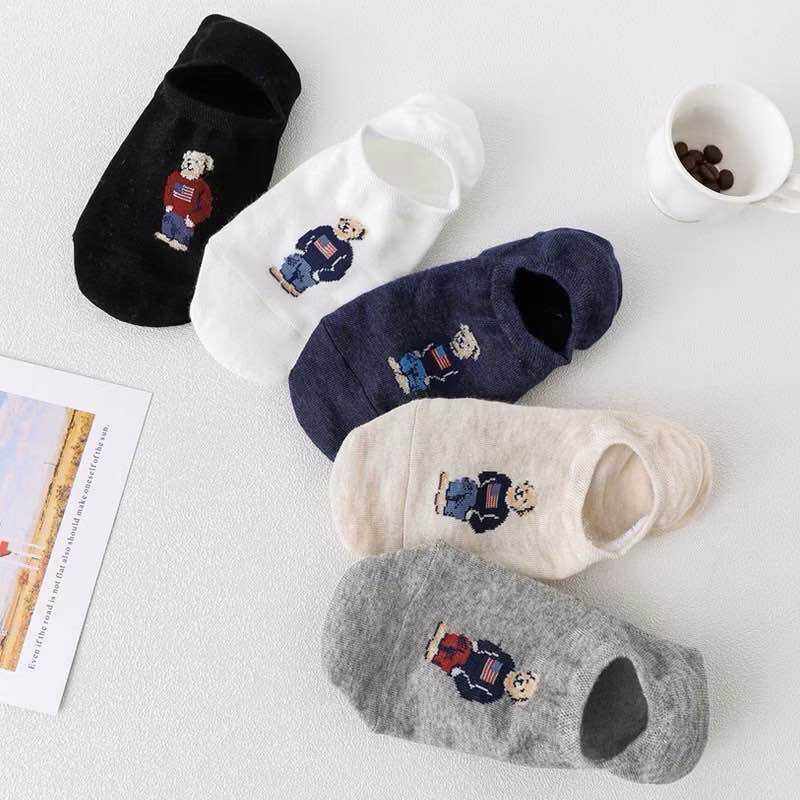 ‼️Ready to Send‼️ Bear Socks, Short Socks, Cotton, 5 Colors, Sold 1 Pair/5 Pairs, Cute Bear Pattern.