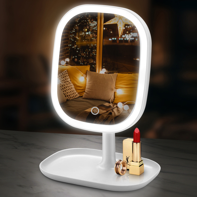 กระจกของใช้ในครัวเรือนขนาดเล็กเก็บได้กระจกแต่งหน้า LED แบบตั้งโต๊ะผู้หญิงเครื่องสำอางกระจกเดสก์ทอปเพิ่มแสงแถบไฟหวีแต่งหน้า