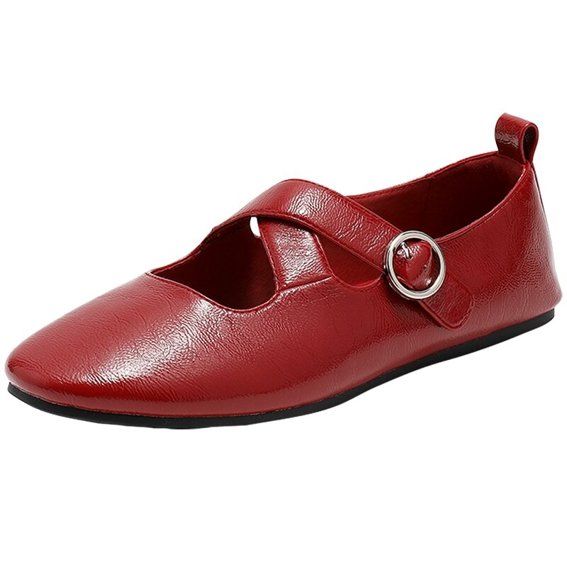 SENDA | Soft Leather Mary Jane Flats Cross Straps Red Shoes ราคา 3,823 บาท*ส่งฟรี