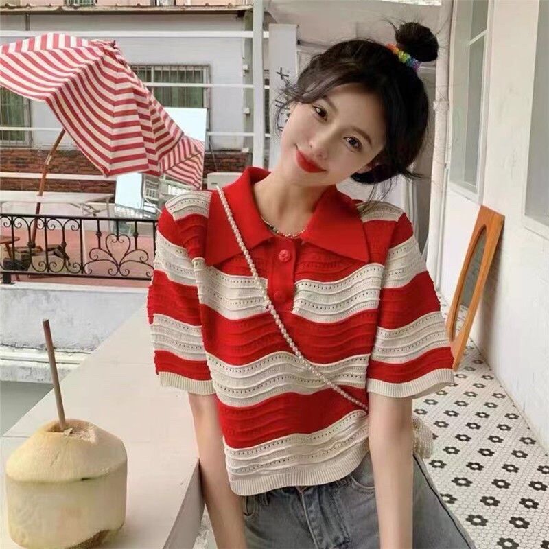 ttshop????พร้อมส่ง???? เสื้อไหมพรมแขนสั้น คอปก กระดุมทองน่ารักมากคิ้ว ...