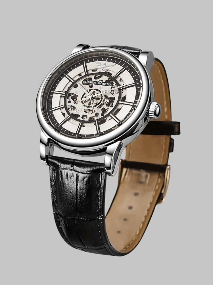 Men's Automatic Mechanical Watch Hollow out Waterproof Leather Band round Face Stainless Steel Case Fashionable Large Dial ราคา 3,130 บาท*ส่งฟรี