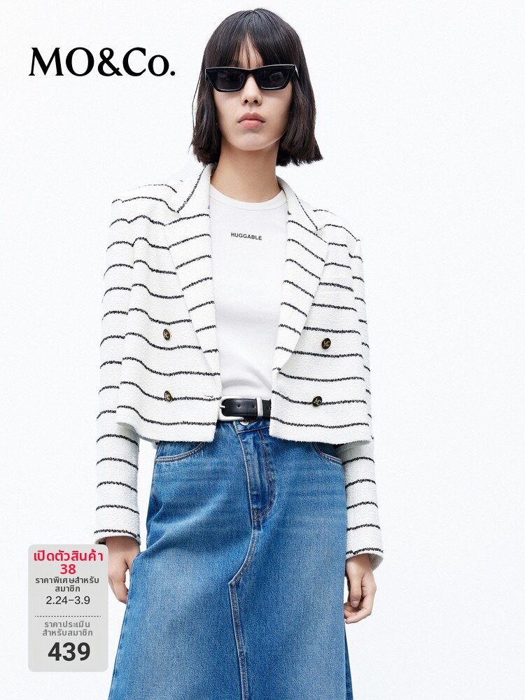 MO&Co. | Short Padded Shoulder Blazer with Striped Texture ราคา 3,449 บาท*ส่งฟรี