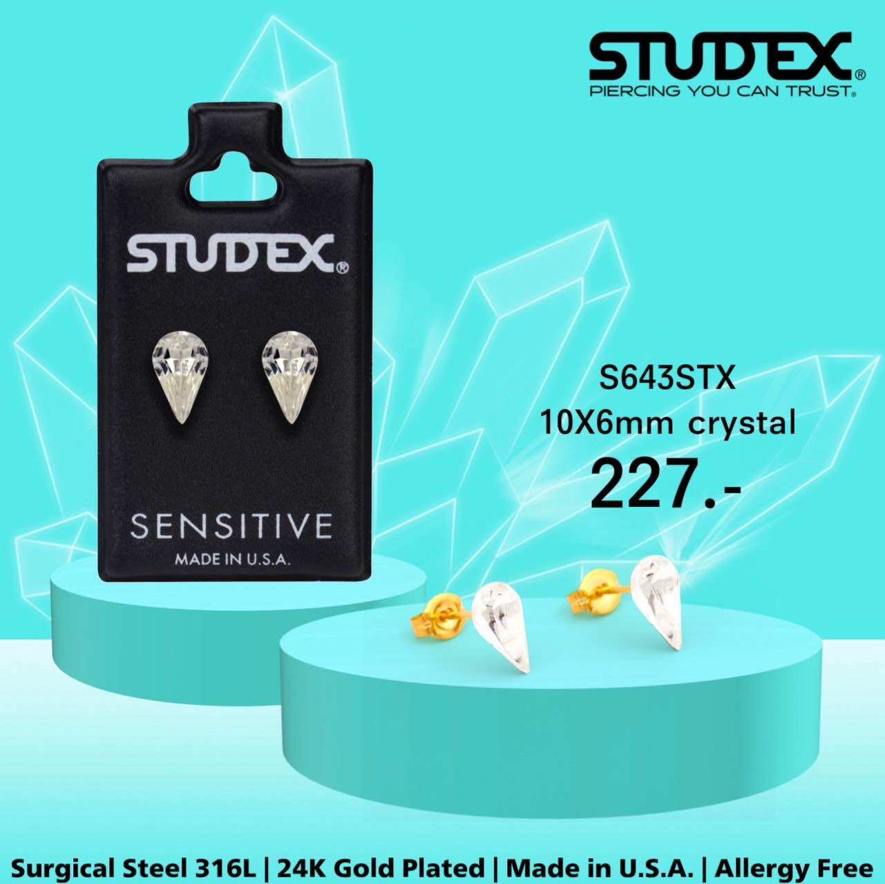 STUDEX S643STX ต่างหูแฟชั่นสำหรับหูแพ้ง่าย เคลือบทอง 24K 10x6MM CRYSTAL PEAR ราคา 227 บาท*ส่งฟรี