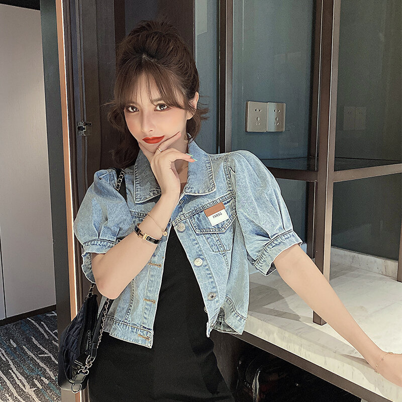 เสื้อโค้ทแขนสั้นผ้ายีนส์แบบใหม่ออกแบบสไตล์เกาหลีแขนพองแนวเท่ๆแมตช์ชุด ...