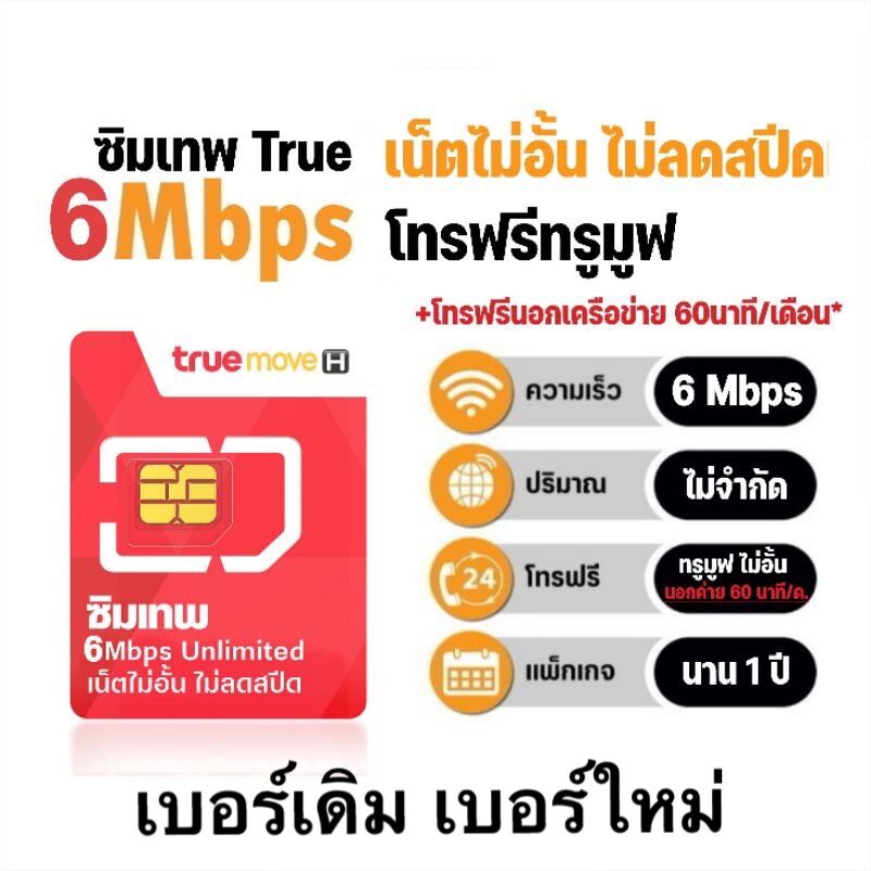 ซิมเทพ ซิมรายปี 6mbps ไม่อั้นไม่ลดสปีด โทรฟรีทรู, โทรฟรีนอกเครือข่าย นาน 1 ปี เบอร์เดิมรายปี เบอร์ใหม่รายปี ราคา 2,290 บาท*ส่งฟรี