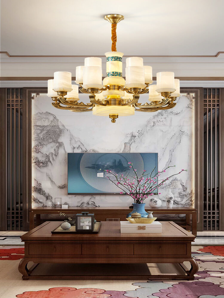 Dehocr | Chinese Style Natural Afghan Jade Brass Chandelier