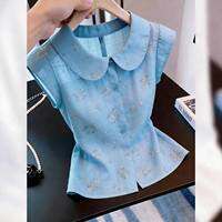 KUNAILIN | เสื้อเบลาส์ลายดอกไม้ คอกลมปีเตอร์แพน แขนสั้นสำหรับผู้หญิง
