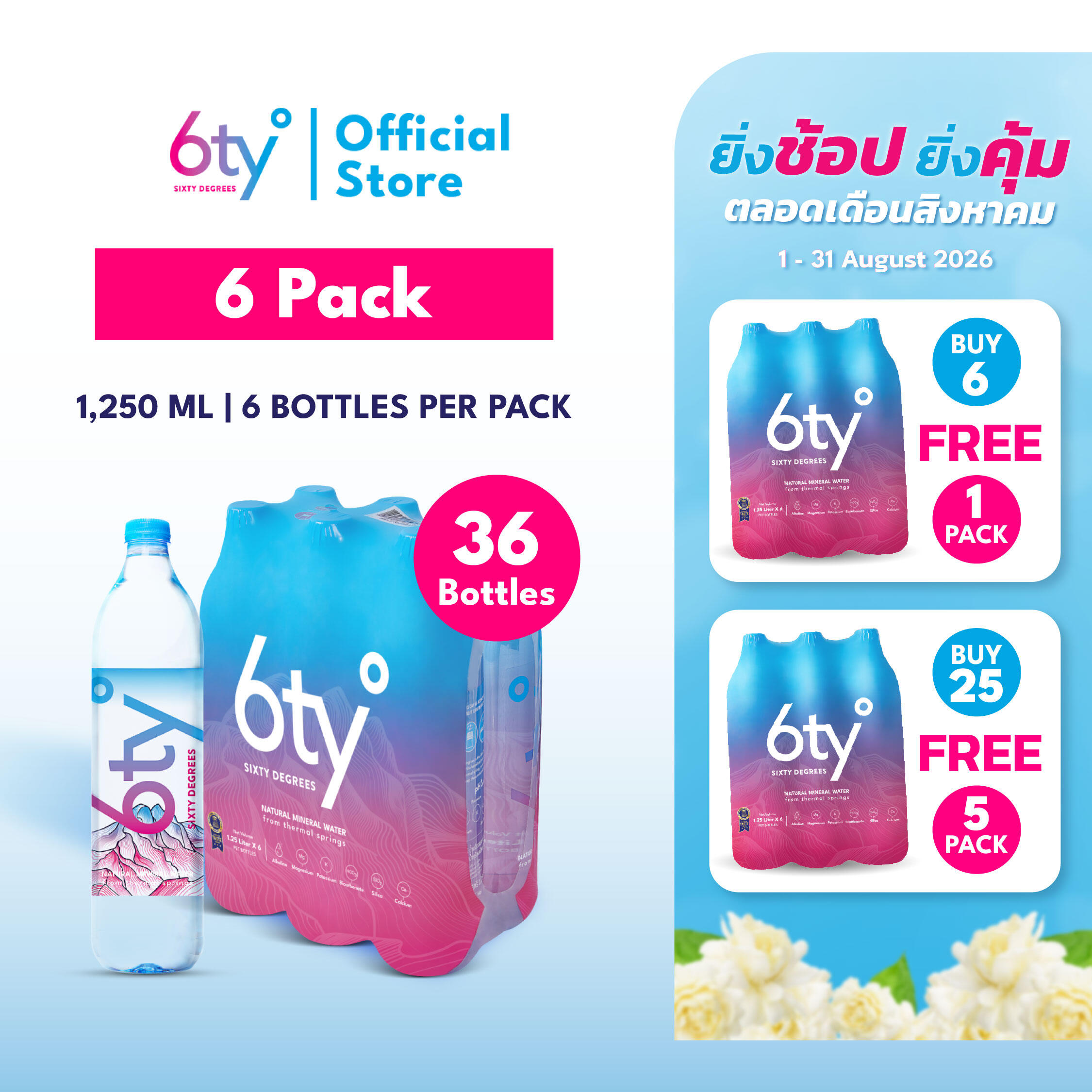 [Free Delivery] 1250ml 6 Packs 36 Bottles Mineral Water 6ty Degrees Mineral Water 100% Natural Mineral Water from Chiang Dao Mineral Water Source. ราคา 1,008 บาท*ส่งฟรี