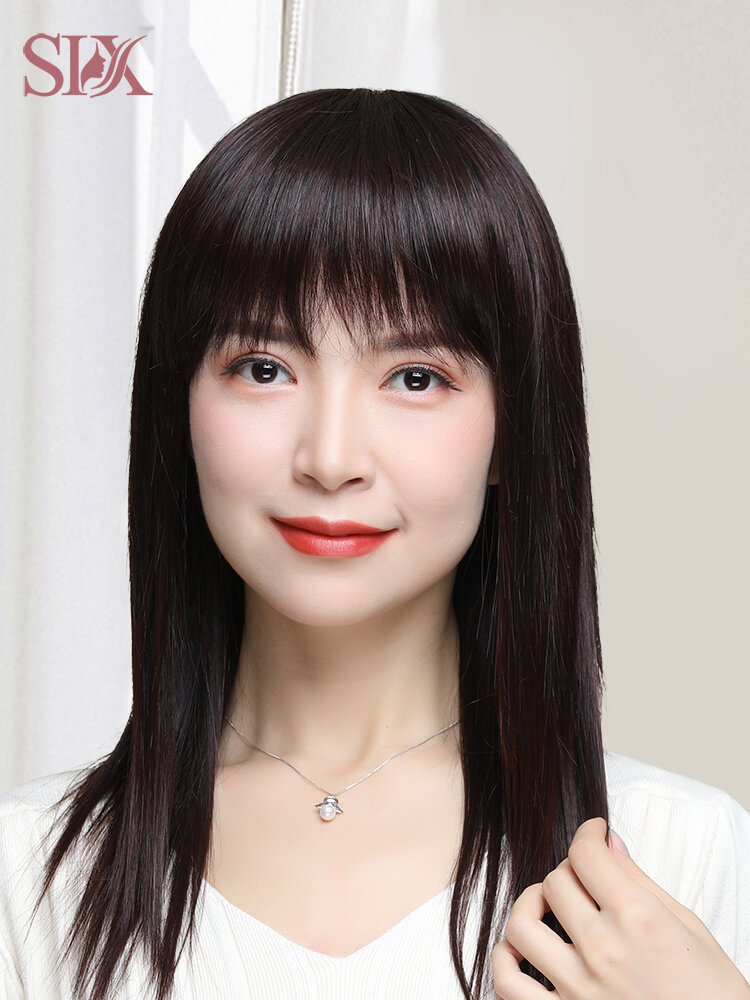 SIX | Natural Full Wigs for Mature Women Human Hair Lightweight Straight Collar Length ราคา 1,590 บาท*ส่งฟรี