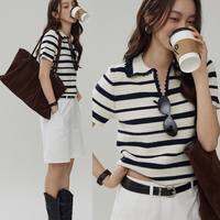GUWEIROU | เสื้อโปโล แขนสั้น ผ้าถัก ลายทาง สไตล์ฝรั่งเศส