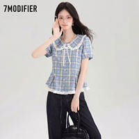 7.Modifier | เสื้อผ้าฝ้ายลายสก็อต แขนพอง มีโบว์ สีคอนทราสต์ สำหรับฤดูร้อน ผู้หญิง