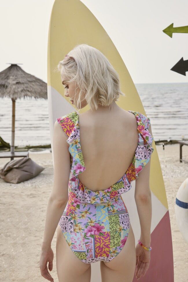 Gentlewoman OHANA PATCHWORK RUFFLE SLEEVE ONE PIECE SWIMSUIT - MixASale
