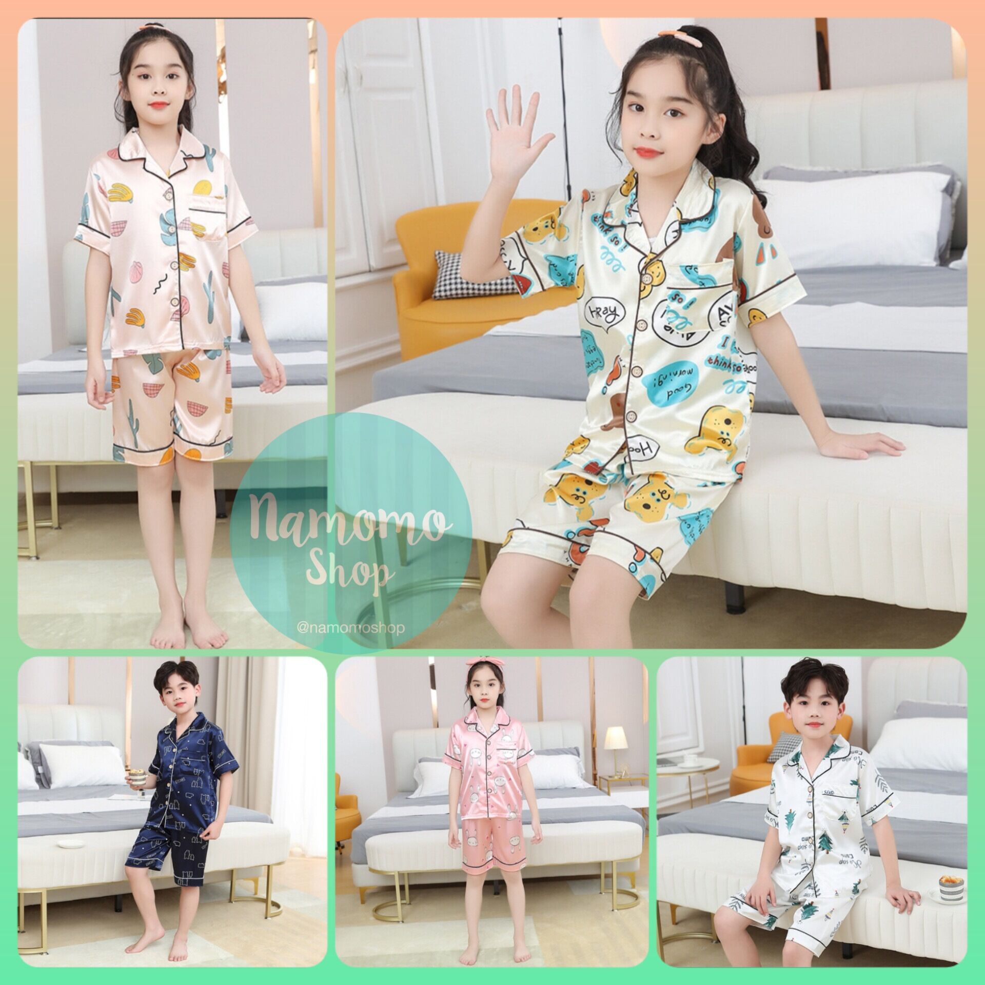 พร้อมส่งจากไทย ชุดนอนเด็กผ้าซาติน(4-12ขวบ) ชุดนอนเด็กโต(100-160CM.) แขน ...