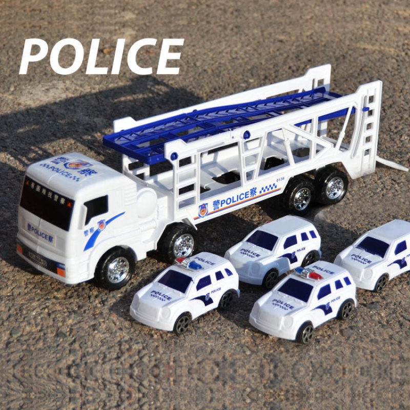 ใหม่ตกไม่แตกขนาดใหญ่ความเฉื่อยรถบรรทุกรถพ่วงสองชั้นรถตำรวจของเล่นรถพ่วงรถเทรลเลอร์พื้นเรียบตำรวจ拖头车เกม