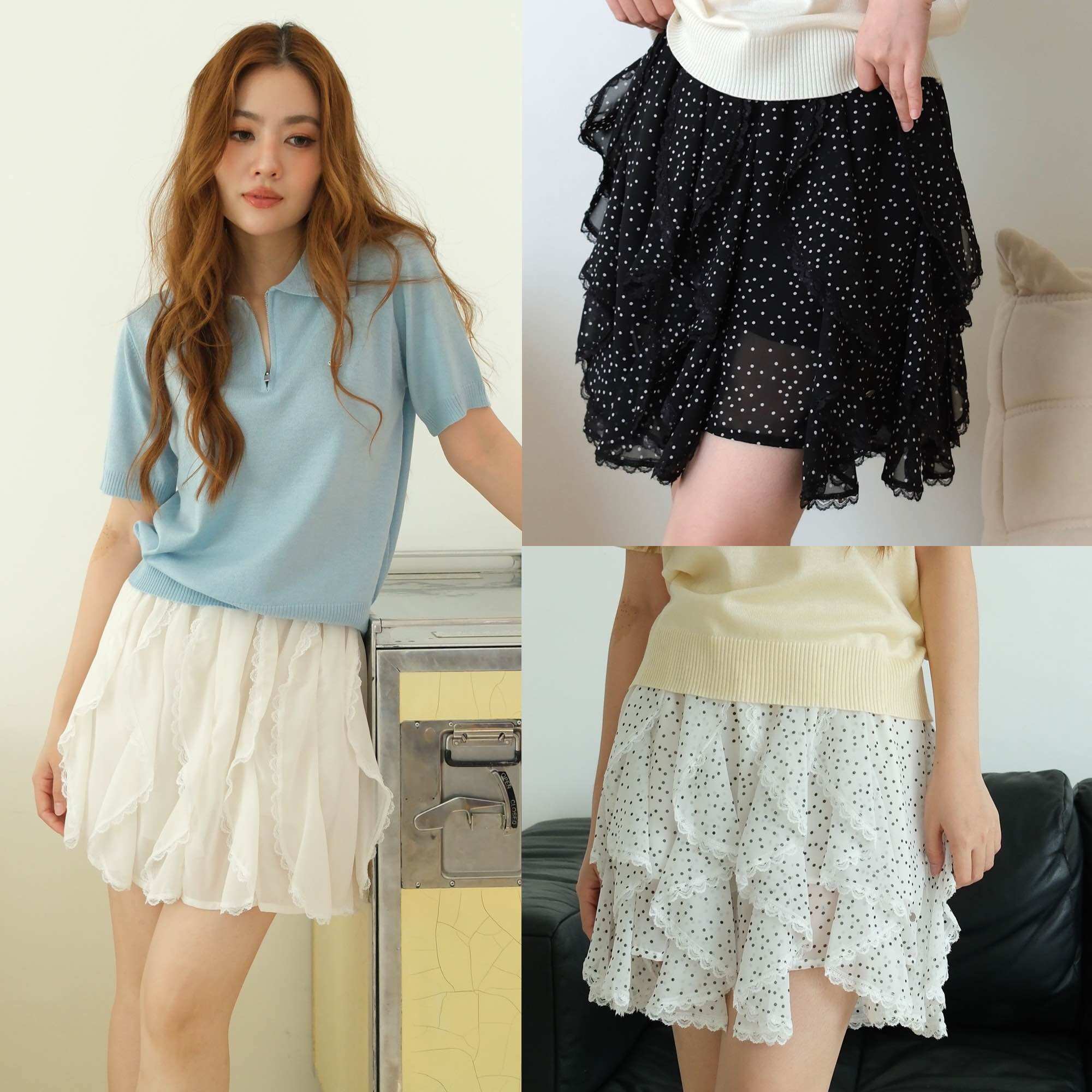 urban apparels | rouje ruffle layered skirt กระโปรงชั้นลายจุดมีกางเกงผ้าซับในดีเทลลูกไม้ ราคา 957 บาท*ส่งฟรี