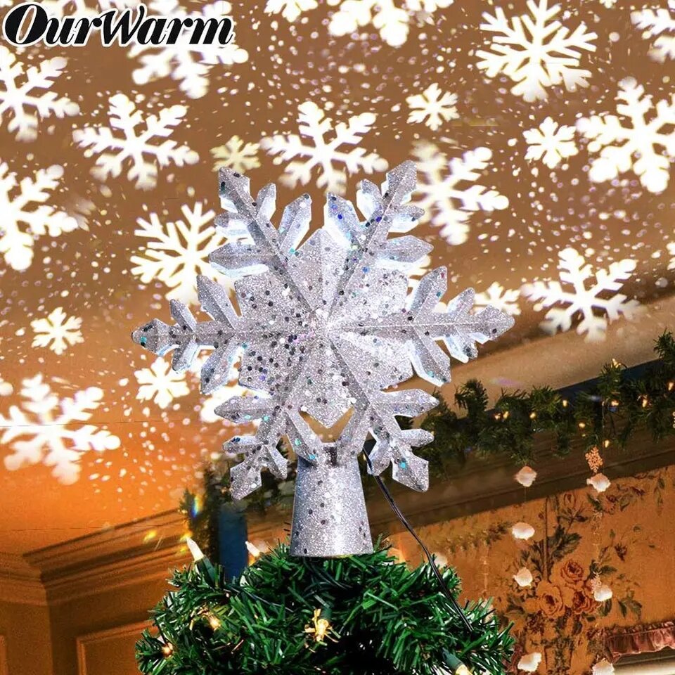 OurWarm Christmas Tree Topper Lighted with White Snowflake Projector ...