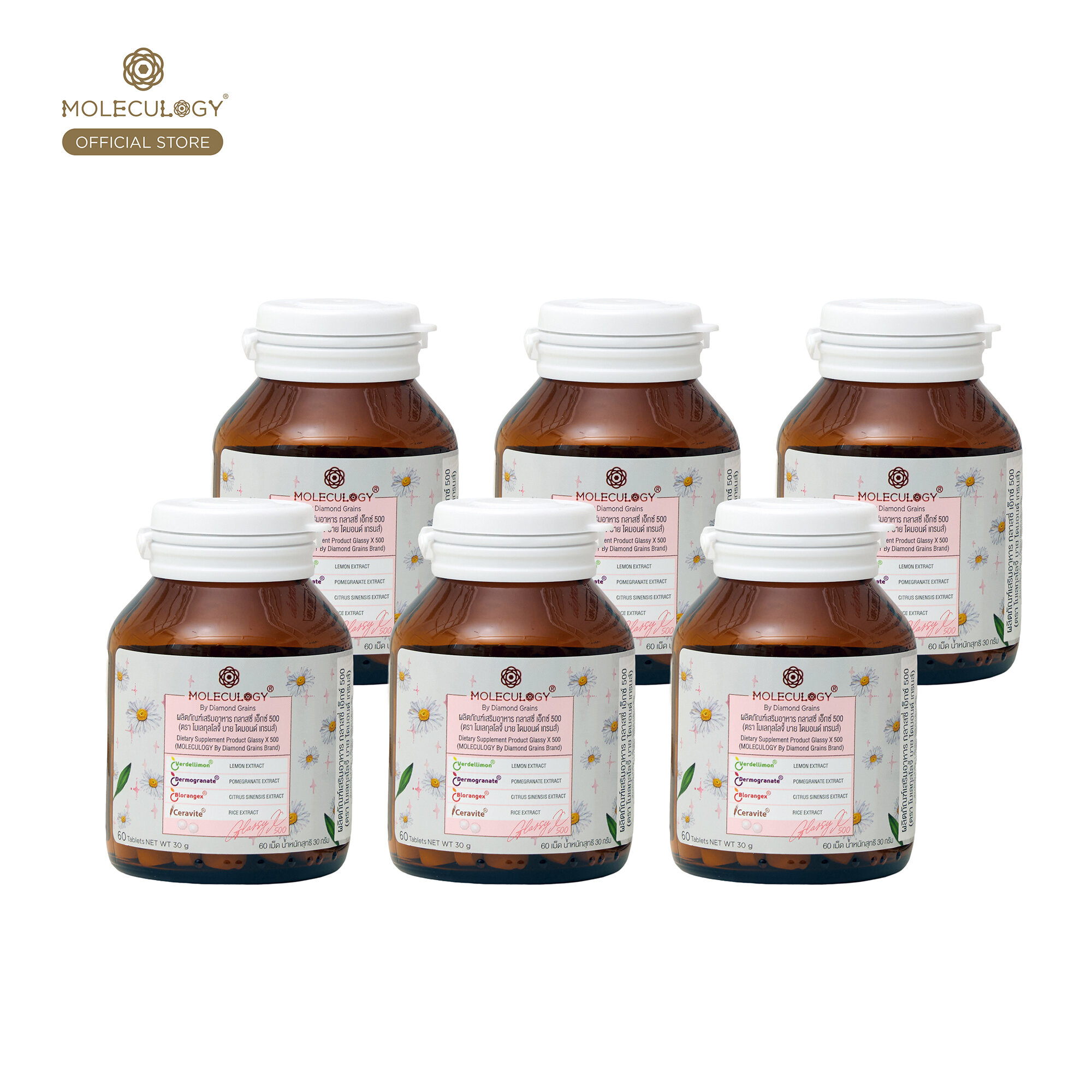 ผลิตภัณฑ์เพื่อสุขภาพ Moleculogy Set 6 ชิ้น Glassy X 500 ผลิตภัณฑ์เสริมอาหาร กลาสซี่ เอ็กซ์ 500 6 กระปุก (60 เม็ด/กระปุก)