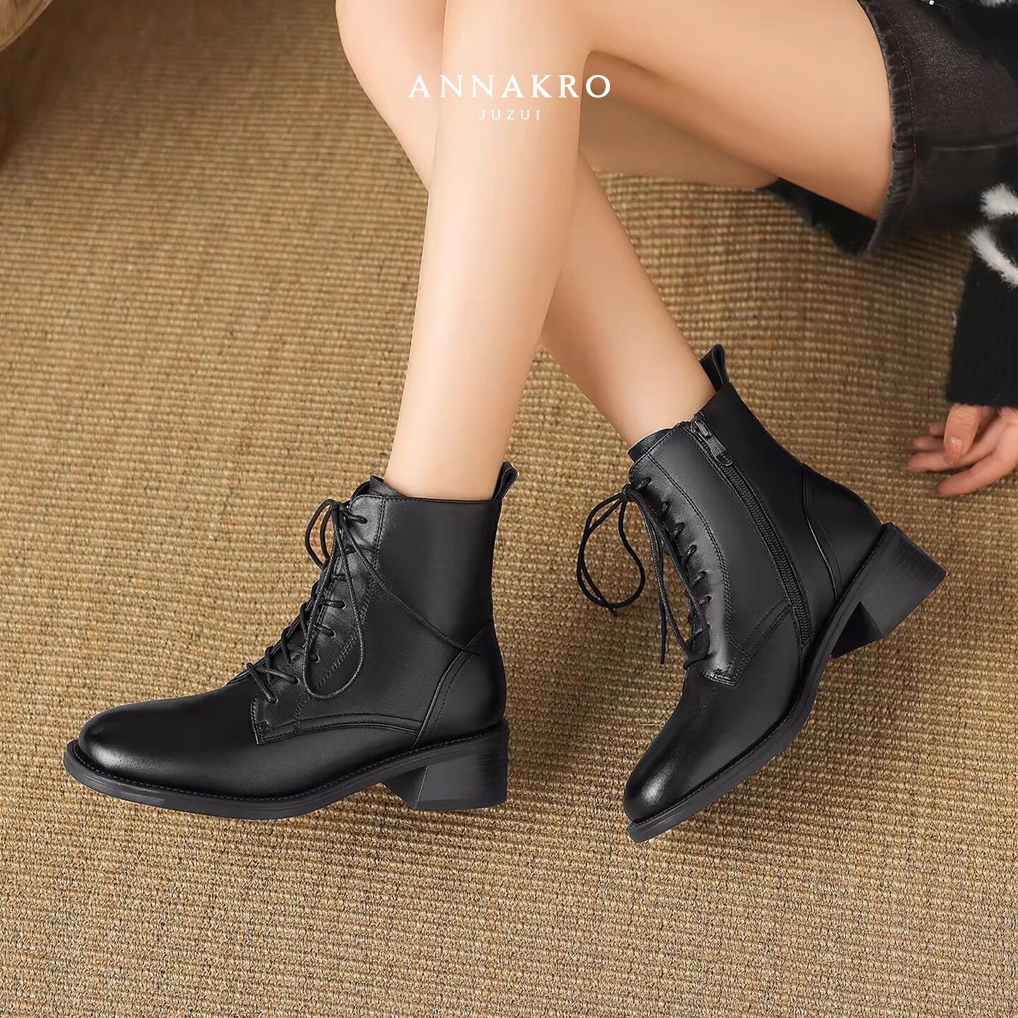 JZ ANNAKRO | New Dress-Matching Genuine Leather Laced Retro Ankle Boots ราคา 3,787 บาท*ส่งฟรี