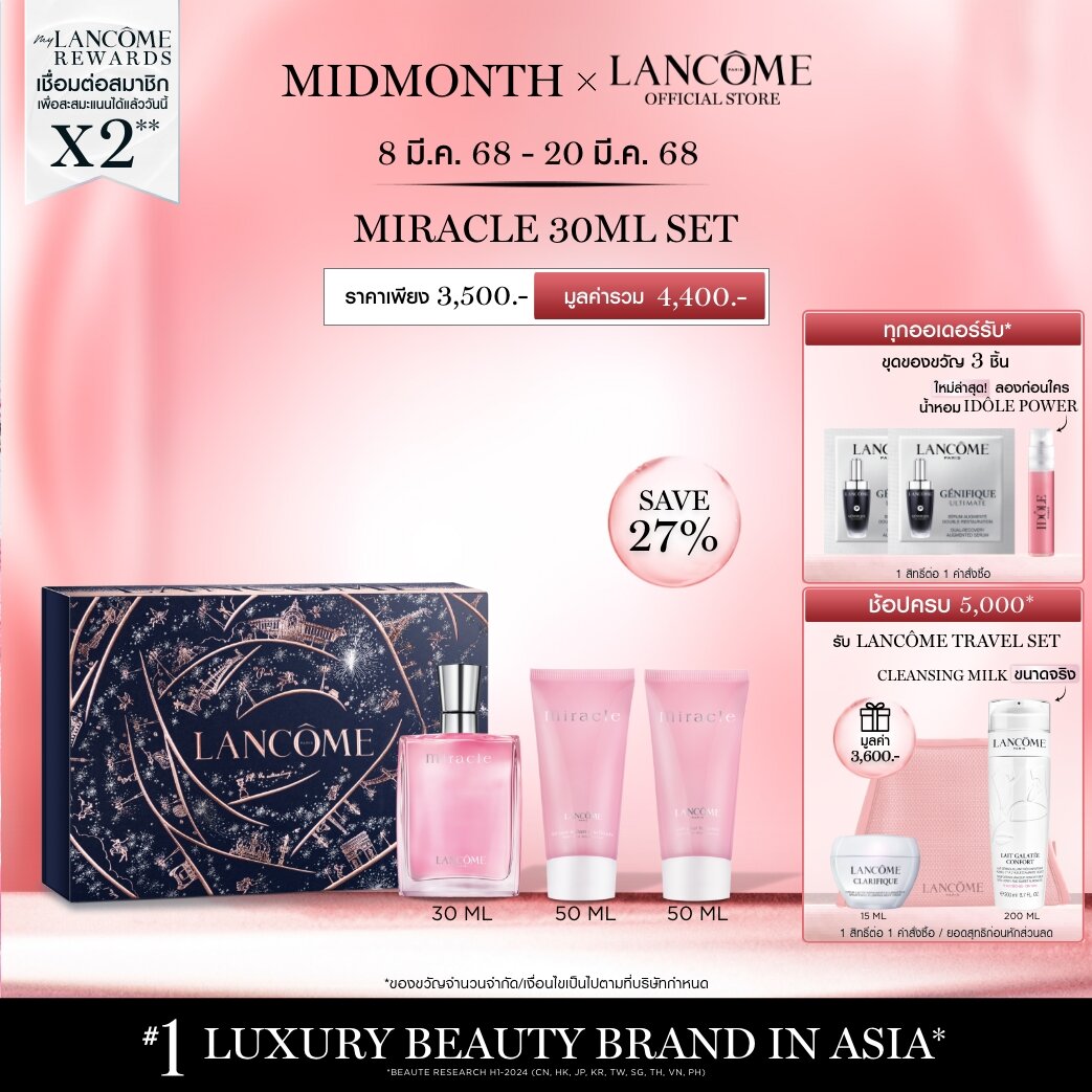 LIMITED! LANCOME MIRACLE EDP 30ML HOLIDAY SET ลังโคม น้ำหอม โลชั่น และ ครีมอาบน้ำ กลิ่นฟลอรัล-สไปซี่ยอดนิยม (น้ำหอม body lotion ชุดของขวัญ) ราคา 3,500 บาท*ส่งฟรี