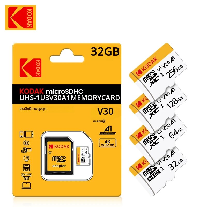 Kodak | การ์ดหน่วยความจำ KODAK ของแท้ 64GB 128GB 256GB U3 4K Micro SD Card 32GB SDHC UHS-I C10 A1 V30 TF Trans Flash Microsd ราคา 376 บาท*ส่งฟรี