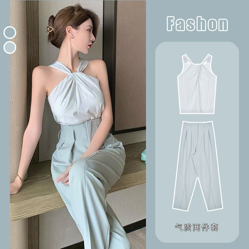 ชุดหญิง2021สำหรับฤดูร้อนใหม่สไตล์เกาหลีแนวย้อนยุคแขวนคอสายเดี่ยวเสื้อ + เอวสูงทรงกระบอกกางเกงขากว้างชุดสองตัว