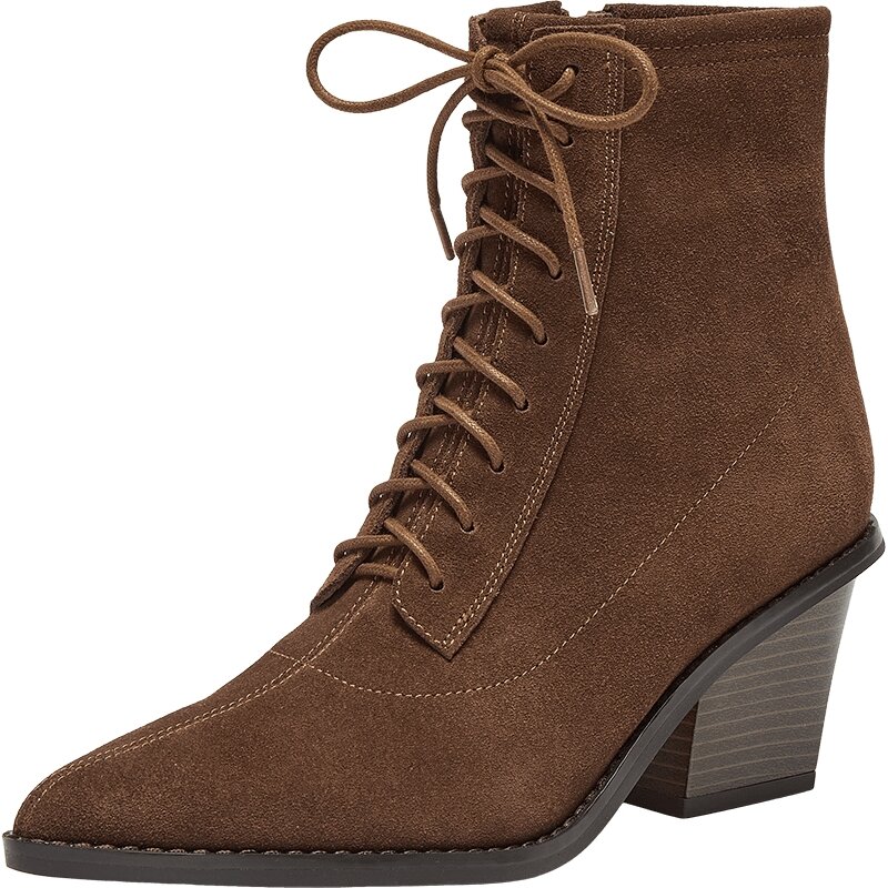 Joy & Peace | Sunset Style Winter New Edition Cowhide Leather Pointed Toe Chunky Heel Short Boots Western Boots ราคา 8,248 บาท*ส่งฟรี