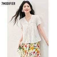 7.Modifier | เสื้อเชิ้ตคอวีใส่ทำงานพร้อมโบว์ผูกปักเรียบ