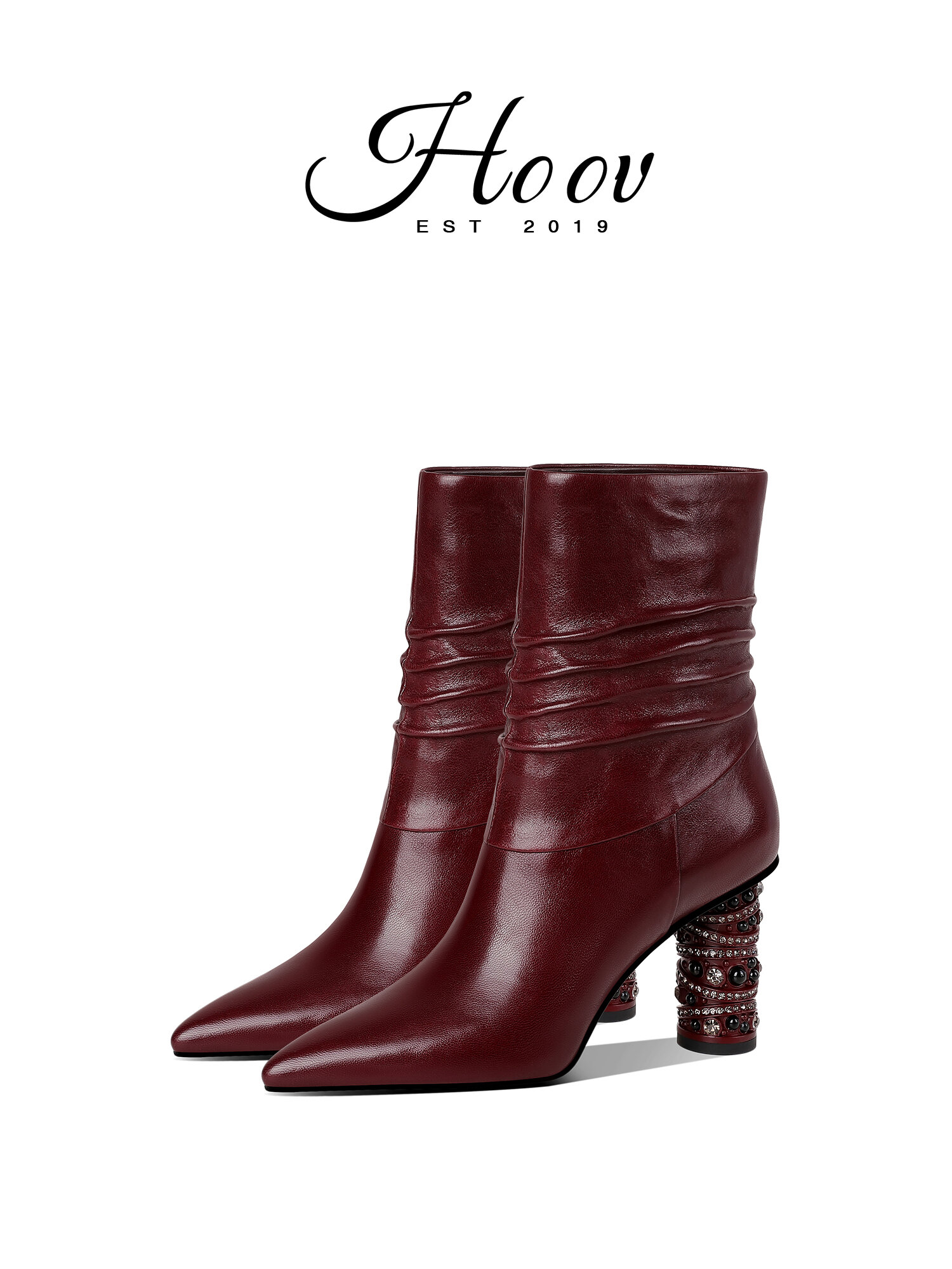 HOOV | A/W Designer Faux Fur Folded Sheepskin Pointed Toe Short Boots with Water Drills and Thick Heels ราคา 8,389 บาท*ส่งฟรี