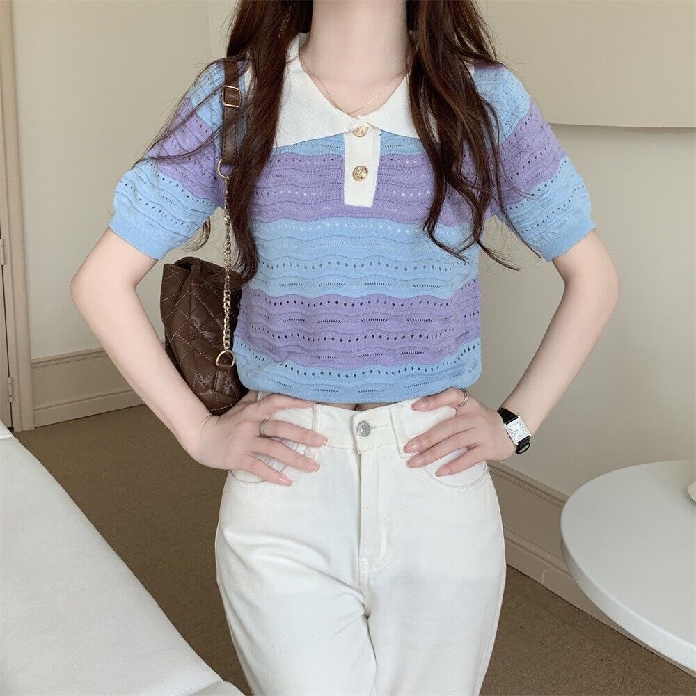 ttshop????พร้อมส่ง???? เสื้อไหมพรมแขนสั้น คอปก กระดุมทองน่ารักมากคิ้ว ...