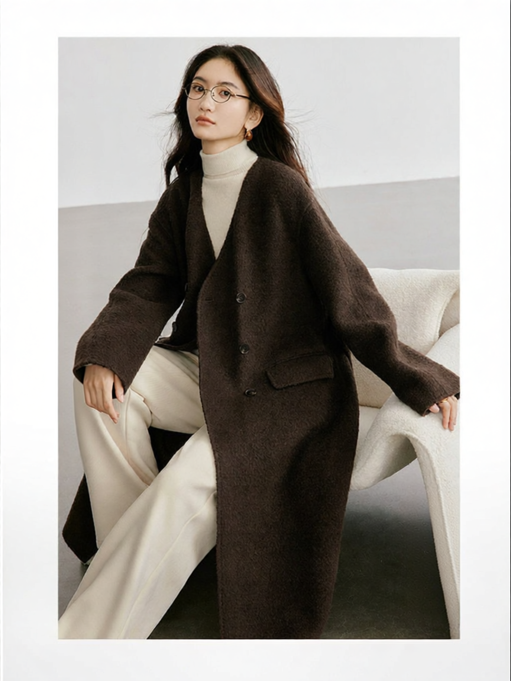 HOPESHOW | Vintage Brown Double-Faced Woolen V-Neck Belted Coat ราคา 7,126 บาท*ส่งฟรี