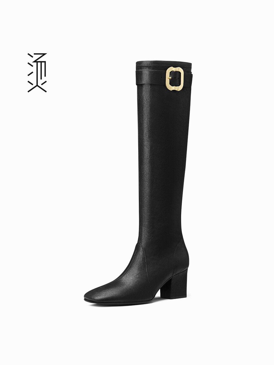 FEEEEVER | Black Square Toe High Heel Ankle Boots with Buckle ราคา 8,262 บาท*ส่งฟรี