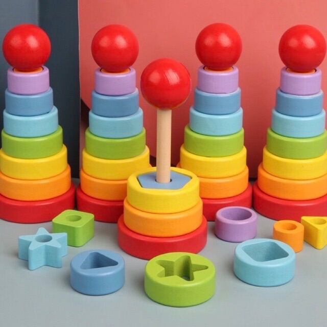 Babytime ห่วงไม้สีรุ้ง  Rainbow Tower ของเล่นไม่เสริมพัฒนาการ ห่วงสวมหลัก.