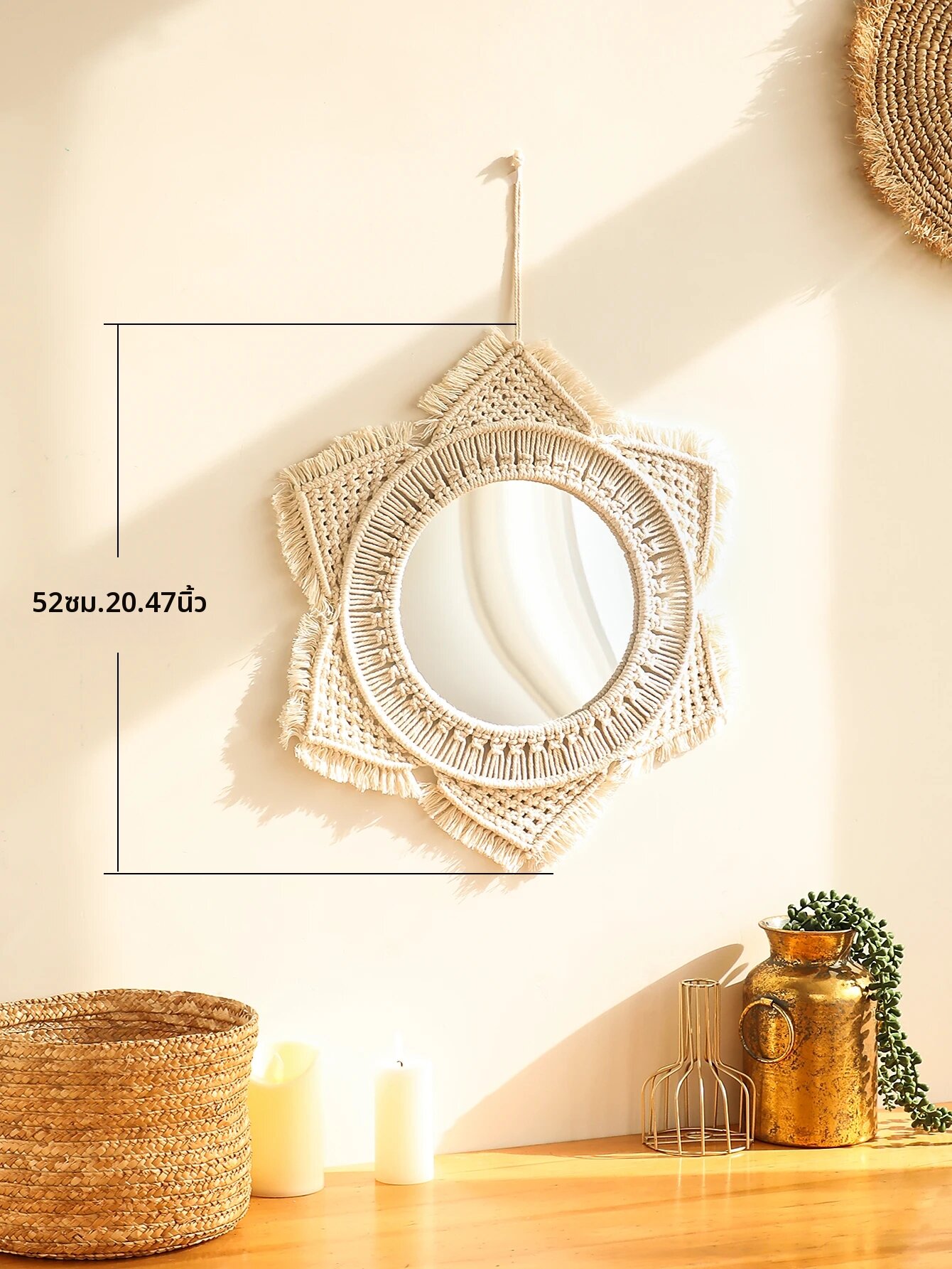 Nordic Room กระจกตกแต่ง Boho Macrame รอบกระจกเครื่องสําอางผนังกระจกทอ Macrame Home Decor Wall Decor