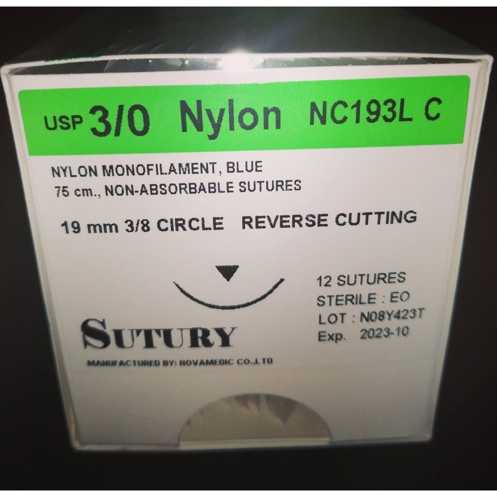 NYLON NC193L C 3/8 19 3-0 75 CM.Rev Cut (กล่องละ 1 โหล) / NYLON ยี่ห้อ SUTURY (กล่องละ 1 โหล)