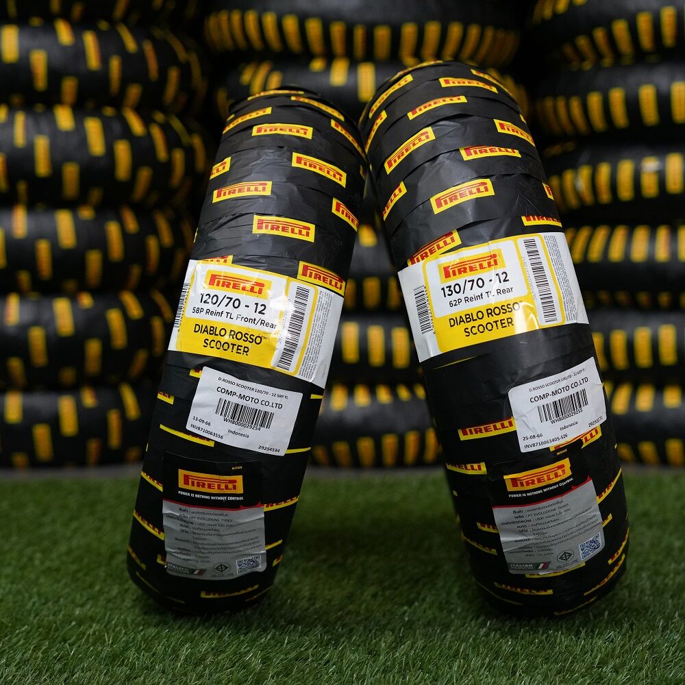 ยาง PIRELLI ขนาด 120/70-12 + 130/70-12 (คู่หน้า+หลัง) ฟรีจุ๊บลมยาง รุ่น ROSSO SCOOTER สำหรับรุ่นรถ VESPA GTS150/GTS300 ราคา 2,100 บาท*ส่งฟรี